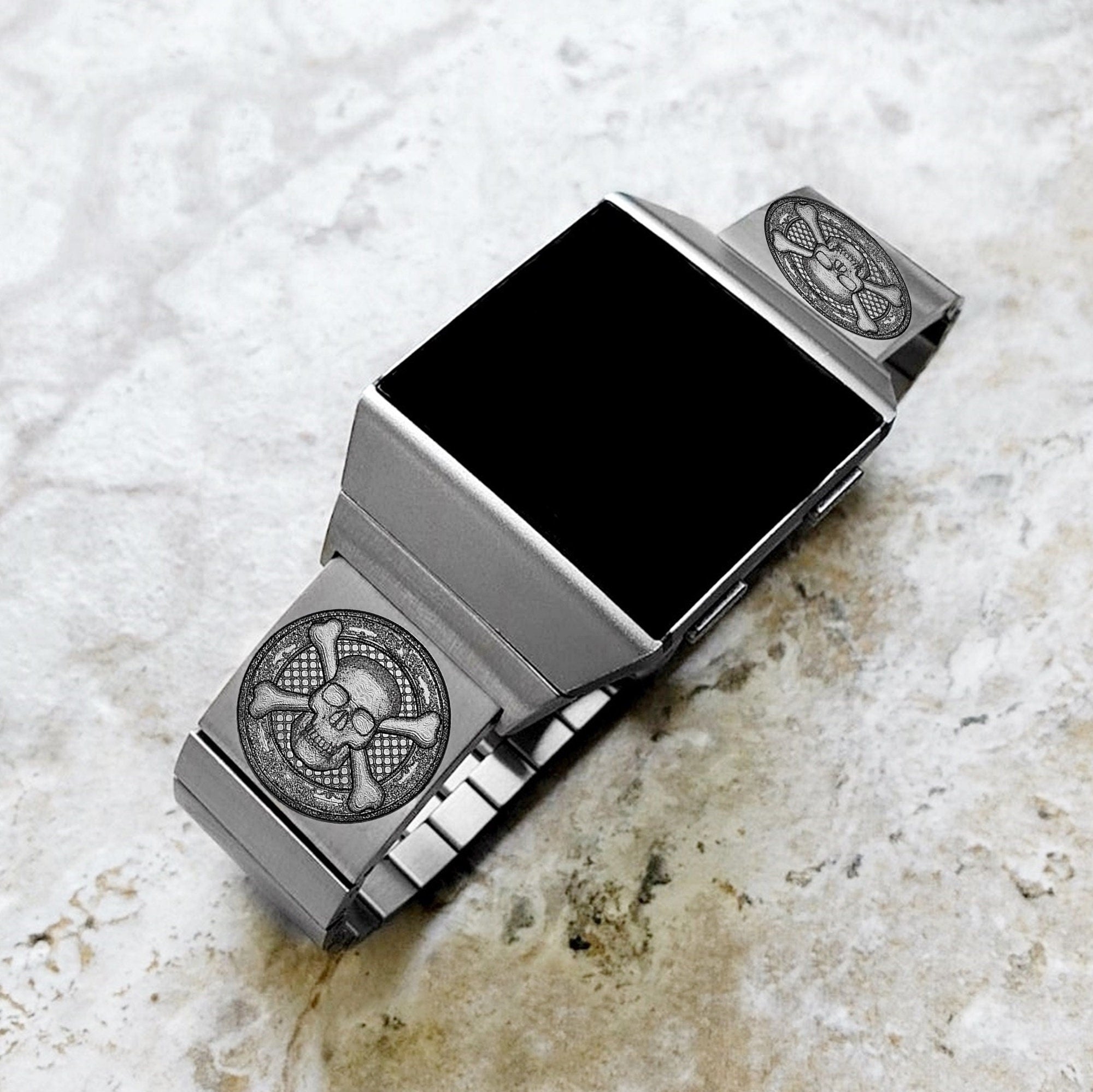 Fitbit Ionic Watch Band Skull Crossbones Engraved for Smartwatches Silver Color Stainless Steel Strap Bracelet Quick Release Adapters SC3